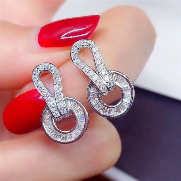 💎 New Trendy Silver diamond Round CZ Stud Earring, FB16FA1109 - Picture 3 of 4